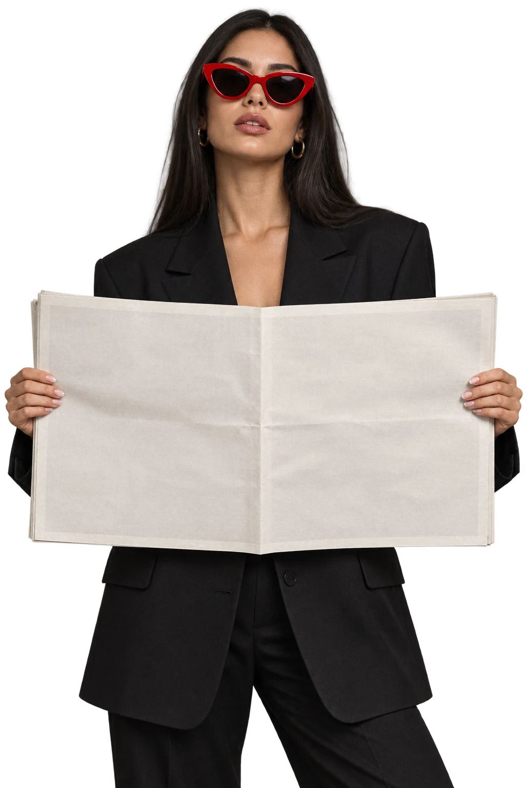 Woman in red sunglasses holding the Benovo Agency newspaper